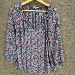 Daisy Fuentes Blouse Women M Medium Blue Geometric V-Neck Long Sleeve Casual
